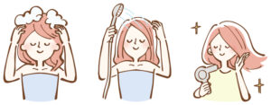 女性が髪を洗ってドライヤーで乾かす画像